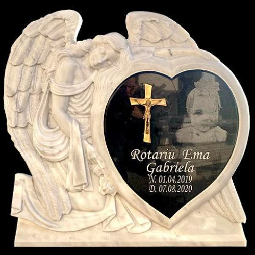 Monument funerar din marmura cu inger si inima, model MAR-1375
