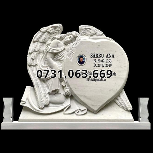 Monument funerar din marmura cu inger si inima, model MAR-1374