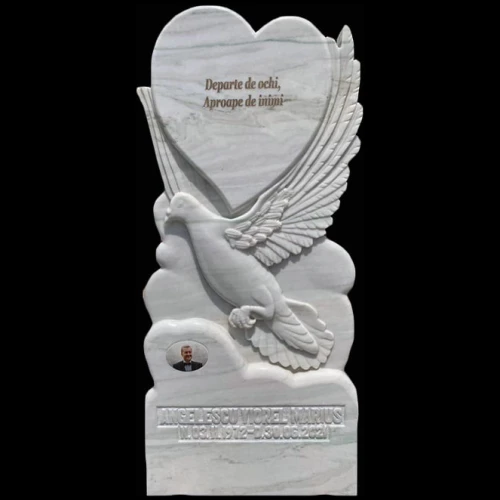 Monument funerar din marmura, cu porumbel si inima, model MAR-106