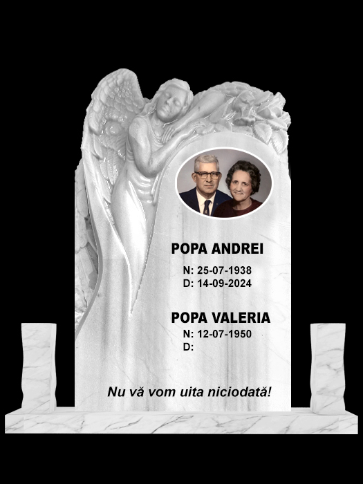 Cruce Marmura model MAR-1640 3 - Cruci marmură, cruci granit, placări morminte Cruce din marmura alba cu venatura gri sau roz eleganta un monument funerar deosebit cu inger sau flori sculptate se poate accesoriza cu poza din ceramica sau gravura portret pe granit negru un monument funerar la reducere