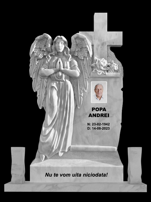 Cruce cu Inger Model MAR-1654 3 - Cruci marmură, cruci granit, placări morminte Cruce din marmura alba cu venatura gri sau roz eleganta un monument funerar deosebit cu inger sau flori sculptate se poate accesoriza cu poza din ceramica sau gravura portret pe granit negru un monument funerar la reducere